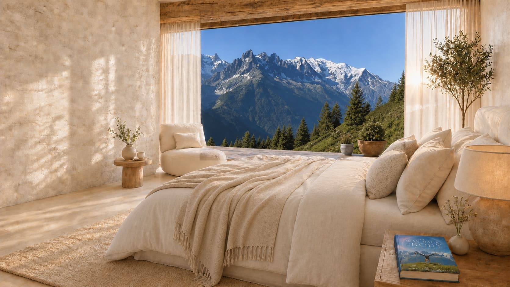 A quiet alpine bedroom opening to a mountain sunrise