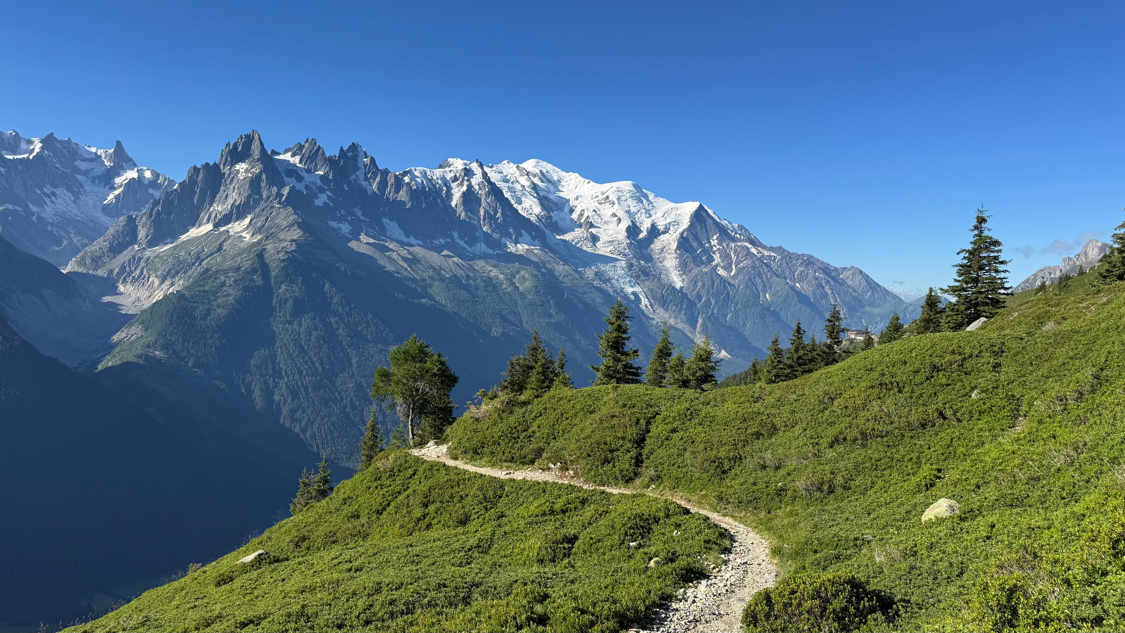 Mountain trail overlooking Mont Blanc near Chamonix